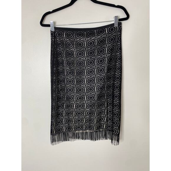 Vintage 90s Bebe Black Lace Fringe Midi Knee Length Stretchy Skirt Small Y2K - Picture 6 of 7